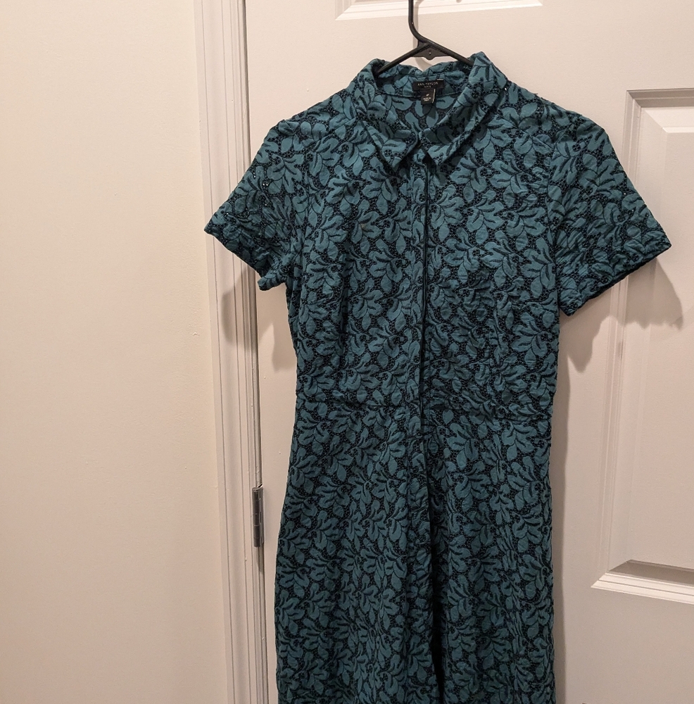 Ann Taylor Floral Eyelet Deep Teal Iris Flare Shirt Dress